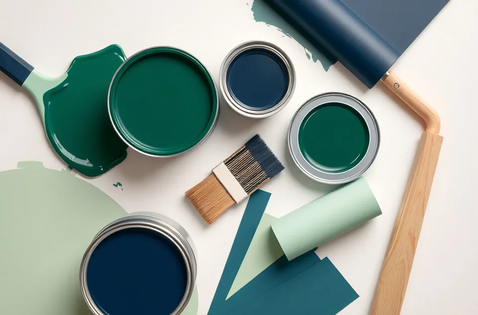 Pots de peinture, nuancier, brosses et rouleaux disposés à plat