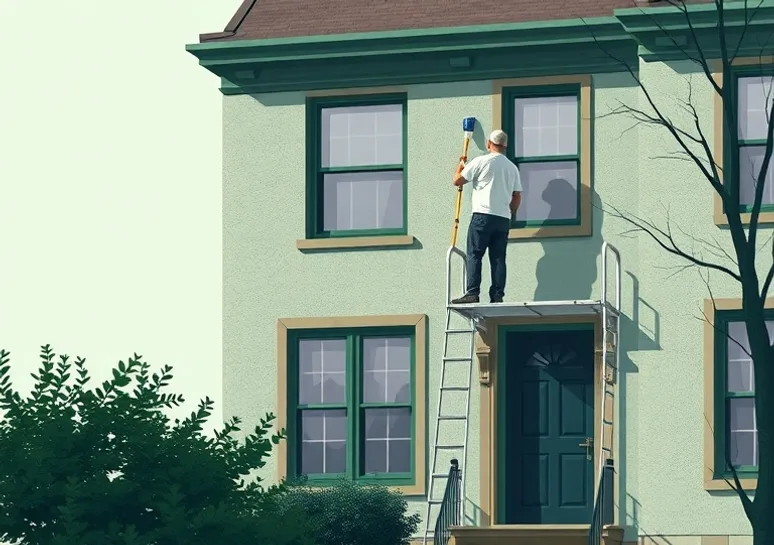 Peintre sur échafaudage traitant la façade d'une maison